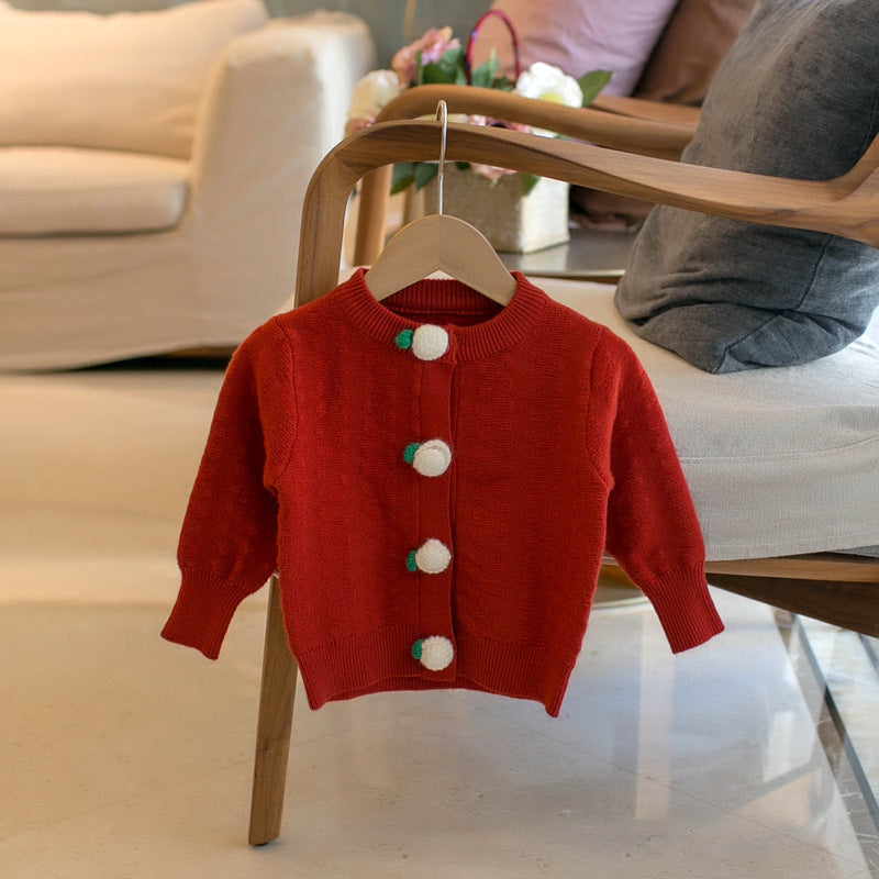 Girls' Solid Color Cardigan Crew Neck Sweater
