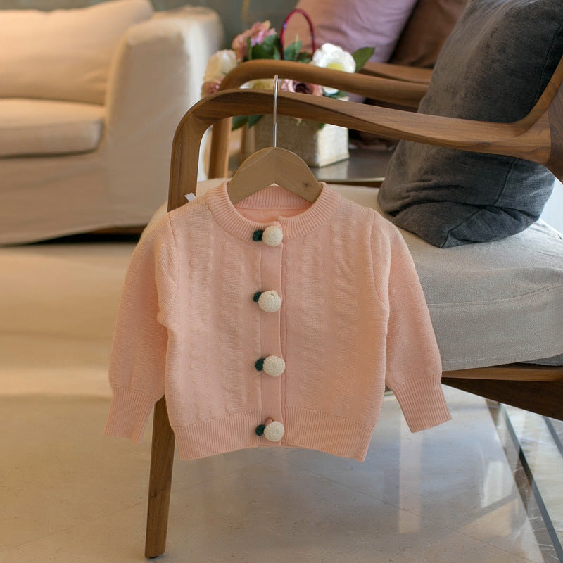 Girls' Solid Color Cardigan Crew Neck Sweater