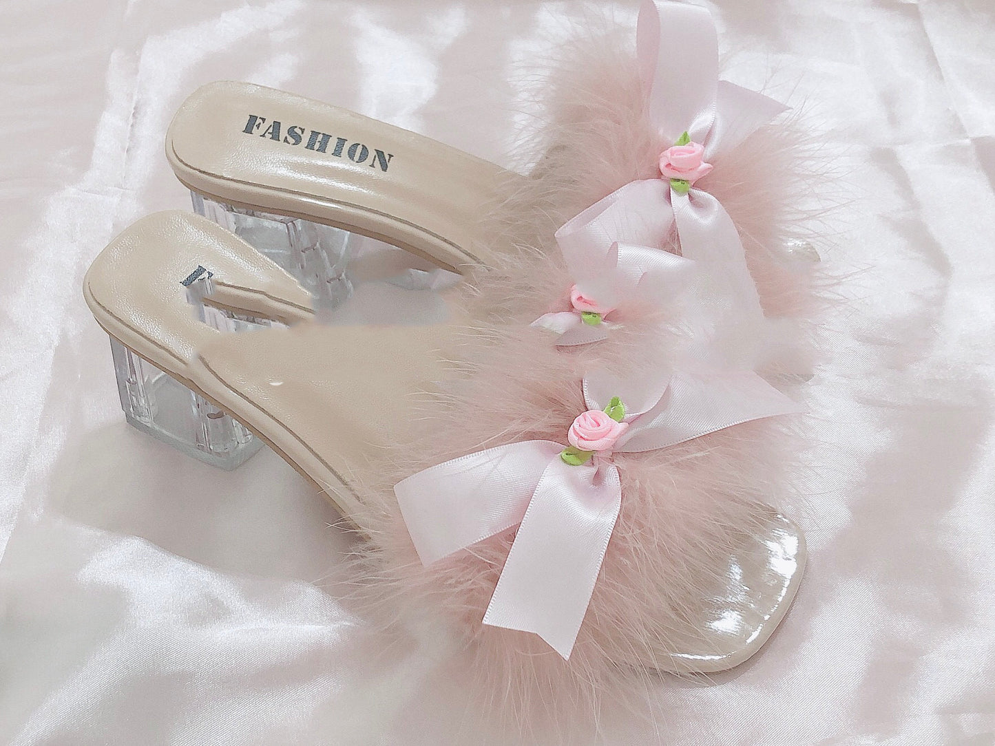 Chunky Sandals Soft Fluffy Heels with Bow