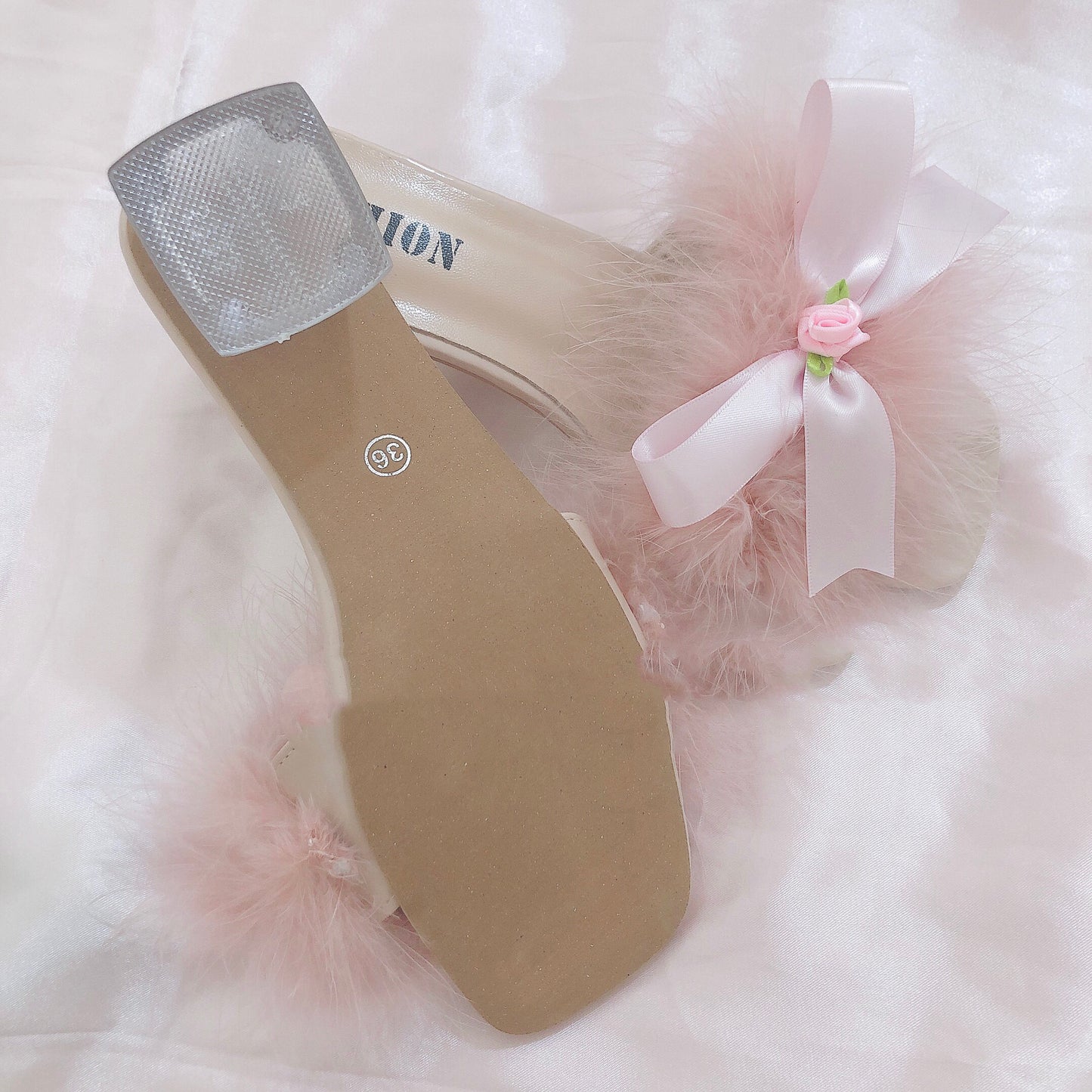 Chunky Sandals Soft Fluffy Heels with Bow