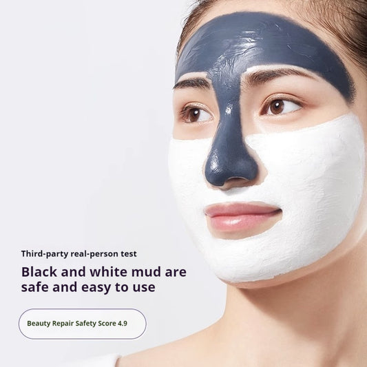 Woman with dual-color clay mask applied to T-zone and cheeks, demonstrating safe application of black and white mud formula – skincare testing results visible on image.