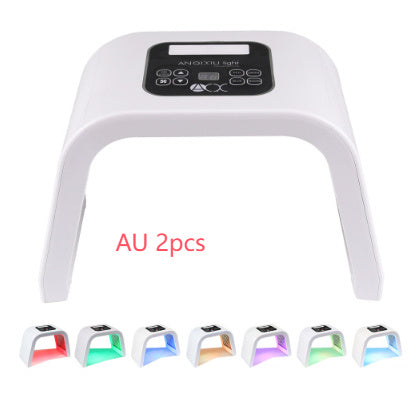 Set of two AU plug LED light therapy devices with digital control panel, showcasing seven light color options, labeled “AU 2pcs” on a white background.

