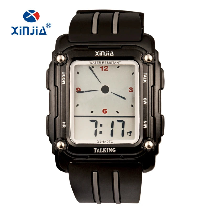 "Digital talking watch with large screen and rectangular black case, showing both analog and digital time. Multilingual model in English, French, Spanish, and Russian, designed for blind or visually impaired users."