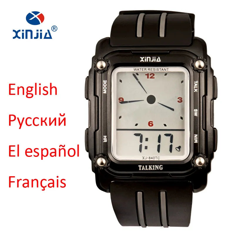 "Digital talking watch with large screen and rectangular black case, showing both analog and digital time. Multilingual model in English, French, Spanish, and Russian, designed for blind or visually impaired users."

