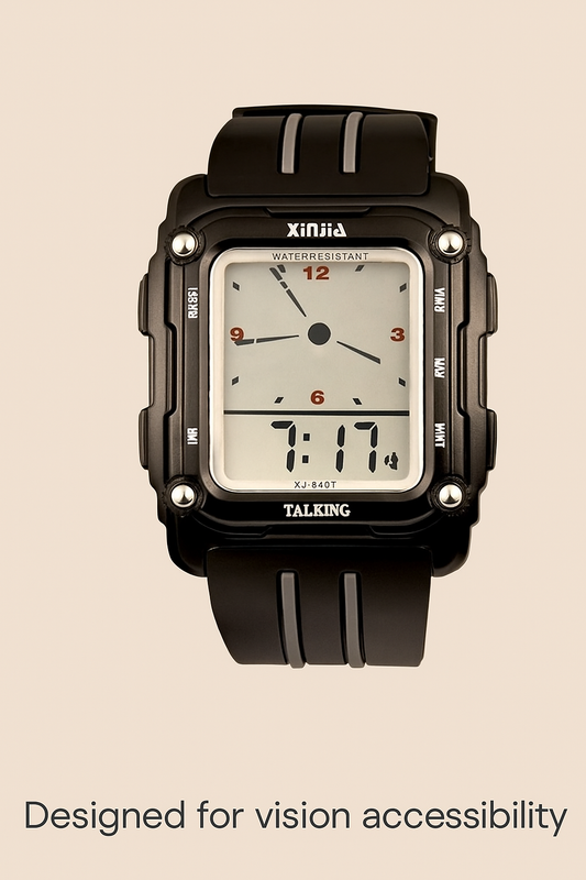 Digital talking watch with large screen and rectangular black case, showing both analog and digital time. Multilingual model in English, French, Spanish, and Russian, designed for individuals with vision impairments.